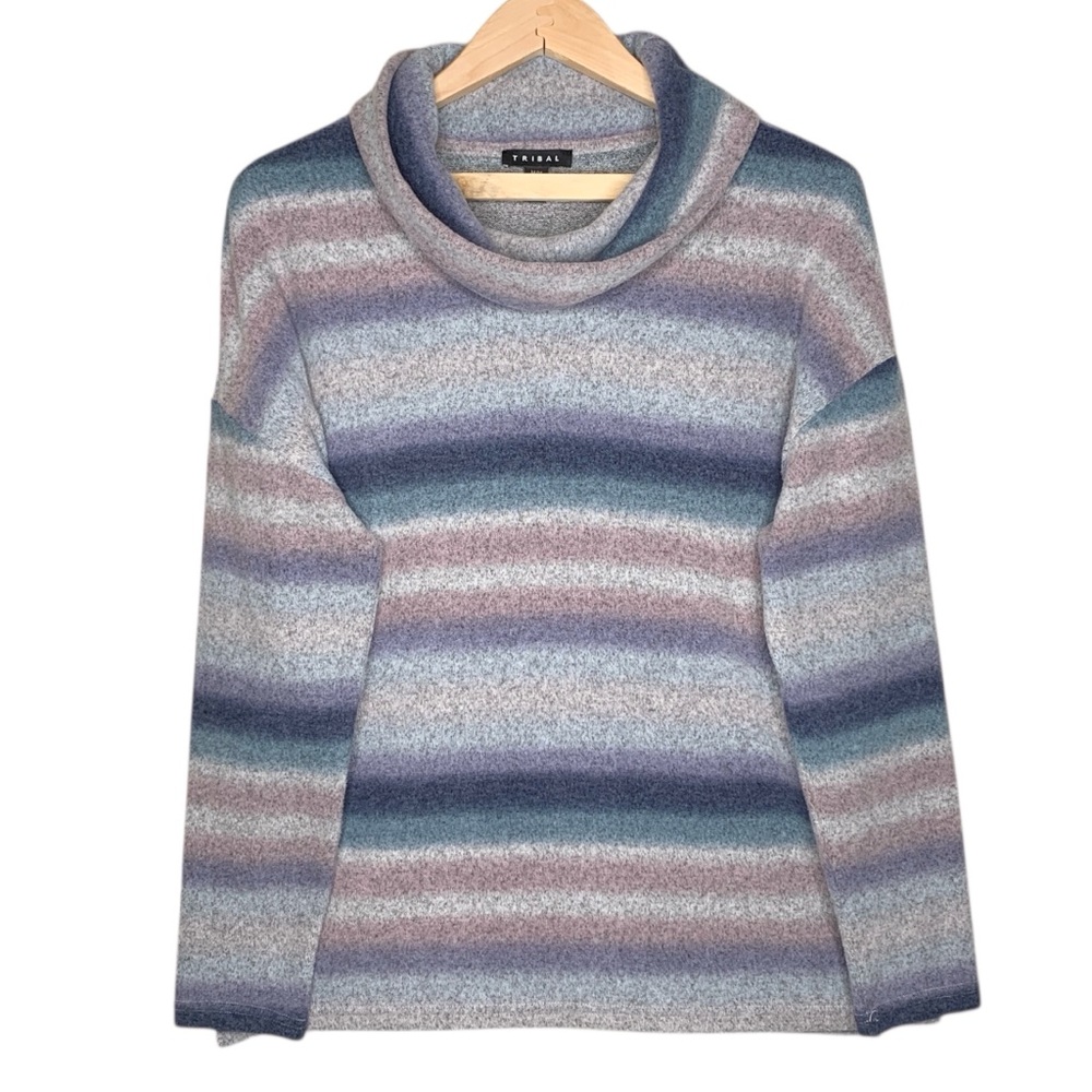 Tribal Striped Cowl Neck Sweater M Drop Shoulder Relaxed Comfy Soft Brushed Knit